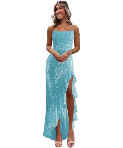 Mermaid Sequin Prom Dress with Slit Spaghetti Strap Sparkly Ruffles Long Formal Dresses Evening Gowns Light Blue $27.60 Dresses