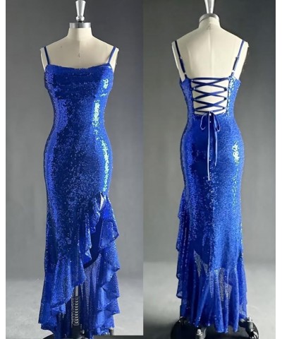 Mermaid Sequin Prom Dress with Slit Spaghetti Strap Sparkly Ruffles Long Formal Dresses Evening Gowns Light Blue $27.60 Dresses