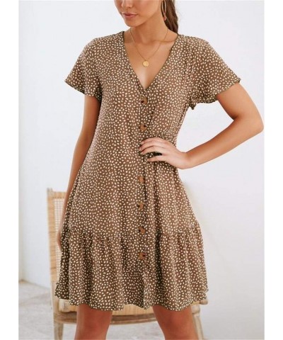 Womens Polka Dot V Neck Button Down Ruffles Loose Mini Short T-Shirt Dress Khaki $17.49 Dresses