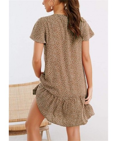 Womens Polka Dot V Neck Button Down Ruffles Loose Mini Short T-Shirt Dress Khaki $17.49 Dresses