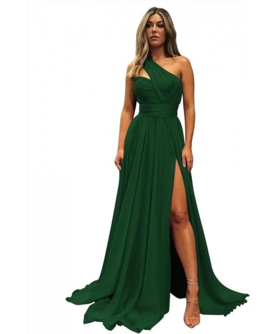 One Shoulder Chiffon Bridesmaid Dress with Pockets Long Slit Pleated Maid of Honor Dress A Line for Wedding ZD18 Emerald Gree...