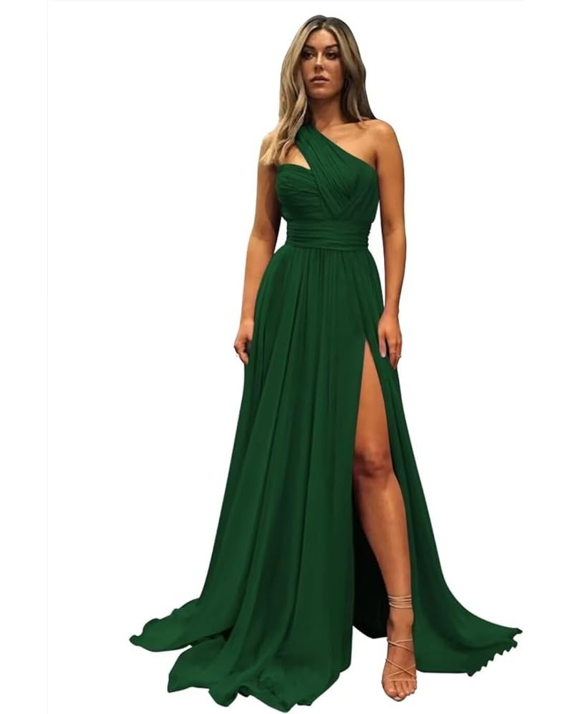 One Shoulder Chiffon Bridesmaid Dress with Pockets Long Slit Pleated Maid of Honor Dress A Line for Wedding ZD18 Emerald Gree...