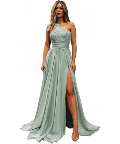 One Shoulder Chiffon Bridesmaid Dress with Pockets Long Slit Pleated Maid of Honor Dress A Line for Wedding ZD18 Emerald Gree...