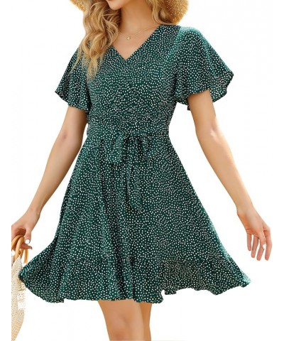 Summer Dresses for Women 2023 Wrap V Neck Bell Sleeve High Waist Tie Flowy A Line Polka Dot Mini Wedding Guest Green $20.80 D...