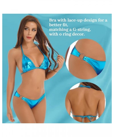 Women's Extreme Liquid Metallic String Bikini 2 Piece Swimsuit Set Halter Bra Top and Panty Sky Blue $4.67 Swimsuits