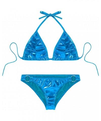 Women's Extreme Liquid Metallic String Bikini 2 Piece Swimsuit Set Halter Bra Top and Panty Sky Blue $4.67 Swimsuits