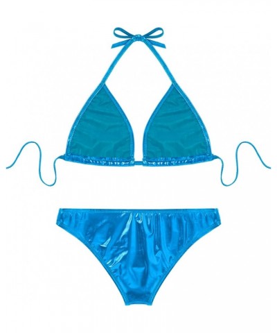 Women's Extreme Liquid Metallic String Bikini 2 Piece Swimsuit Set Halter Bra Top and Panty Sky Blue $4.67 Swimsuits