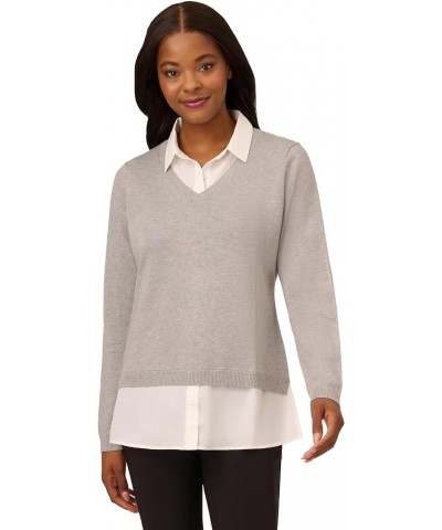 Women's Solid V-Neck Twofer Sweater Heather Grey/Ivory $19.06 Sweaters