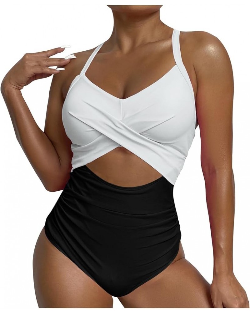 Underwire One-Piece Swimsuits for Women Ruched Tummy Control Bathing Suits Sexy Criss Cross Cutout Monokini Swimwear B04_whit...