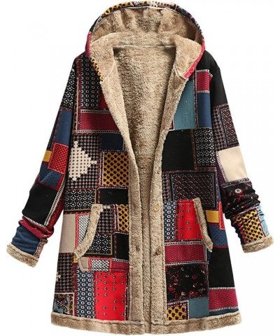 Women's Ethnic Style Patchwork Sherpa Fleece Lined Hooded Jacket Coat Winter Warm Button Down Outwear with Pockets $25.95 Jac...