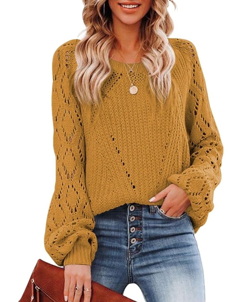 Women Crochet Hollow Out Crewneck Long Sleeve Knit Sweaters Pullover Jumper Tops A Brown $12.00 Sweaters