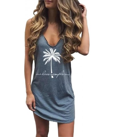 Sun Salt Sand Coconut Tree Tank Mini Dress Vacation Outfits for Women Beach Praty Sundress Cruise Outfits Shirt Dress Dark Bl...