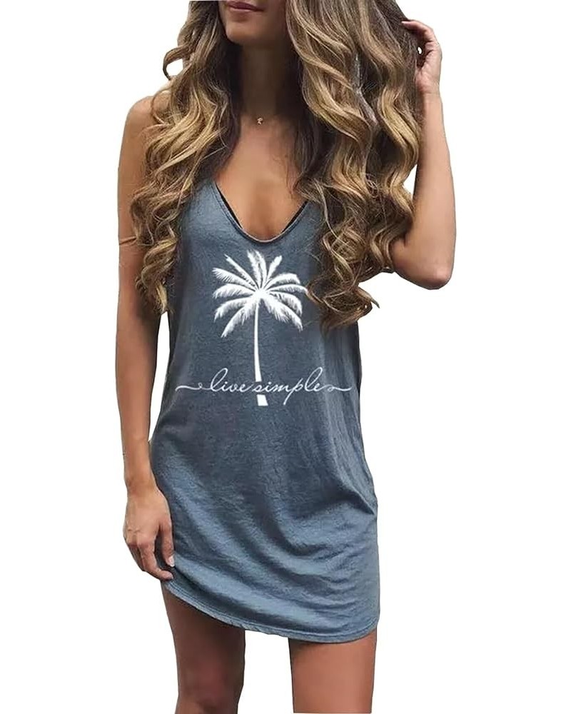 Sun Salt Sand Coconut Tree Tank Mini Dress Vacation Outfits for Women Beach Praty Sundress Cruise Outfits Shirt Dress Dark Bl...