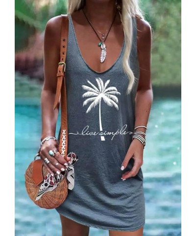 Sun Salt Sand Coconut Tree Tank Mini Dress Vacation Outfits for Women Beach Praty Sundress Cruise Outfits Shirt Dress Dark Bl...