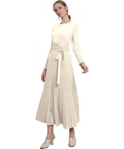 Womens Winter Fall Pleated Knitted Fit and Flare Long Sleeve Sweater Dress A-beige $28.08 Sweaters