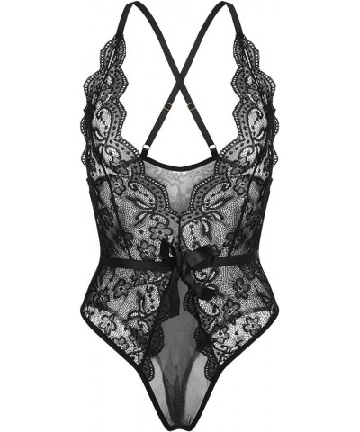 Women's Lingerie Sexy Set Lace Deep V Neck Nightwear Split Sleepwear Babydoll Mini Lace Chemise Teddy Sleepwear S-black $4.20...