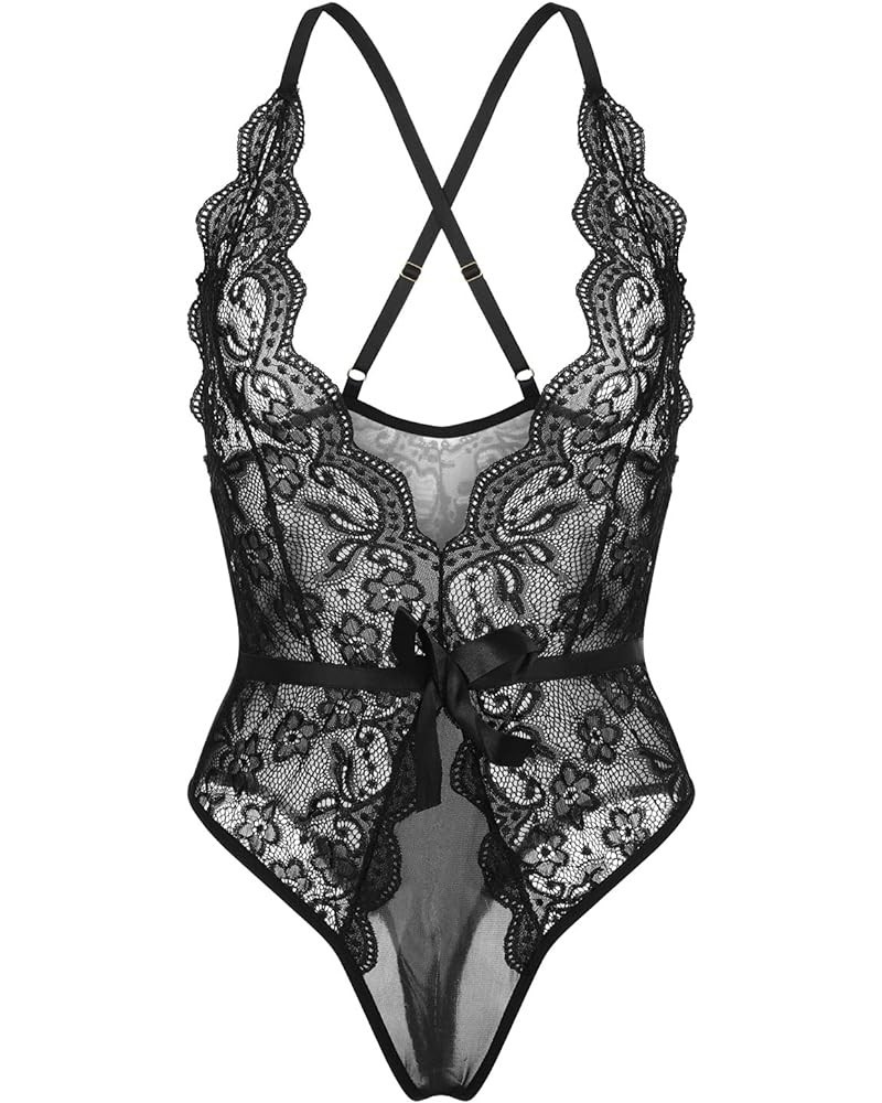 Women's Lingerie Sexy Set Lace Deep V Neck Nightwear Split Sleepwear Babydoll Mini Lace Chemise Teddy Sleepwear S-black $4.20...