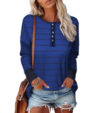 Womens Long Sleeve Tops Cute Waffle Knit Striped Casual Button Up Tunic Shirts D Blue $14.09 Tops