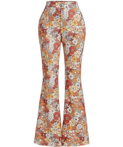 Women's Floral Print Zipper Fly Button Front Natural Waist Flare Leg Pants Floral Orange $17.04 Pants