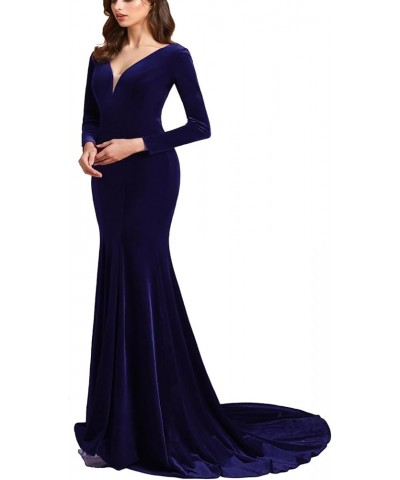 Women's Deep V-Neck Velvet Prom Dresses Long Mermaid Court Train Evening Party Gown with Long Sleeves SZPD02 Dark Navy $37.80...