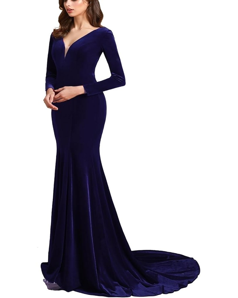 Women's Deep V-Neck Velvet Prom Dresses Long Mermaid Court Train Evening Party Gown with Long Sleeves SZPD02 Dark Navy $37.80...