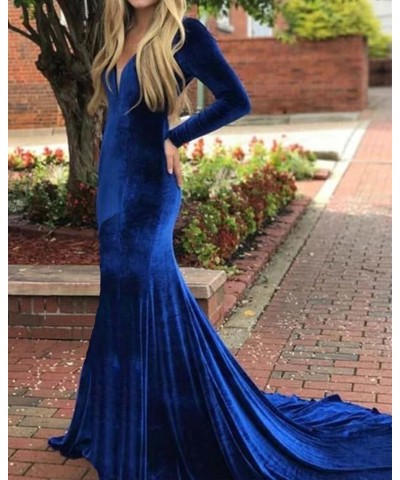 Women's Deep V-Neck Velvet Prom Dresses Long Mermaid Court Train Evening Party Gown with Long Sleeves SZPD02 Dark Navy $37.80...