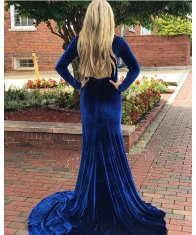 Women's Deep V-Neck Velvet Prom Dresses Long Mermaid Court Train Evening Party Gown with Long Sleeves SZPD02 Dark Navy $37.80...