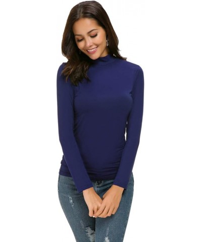 Womens Mock Neck T-Shirt Cotton Slim Fitted Long Sleeve Top Navy Blue $12.00 Tops