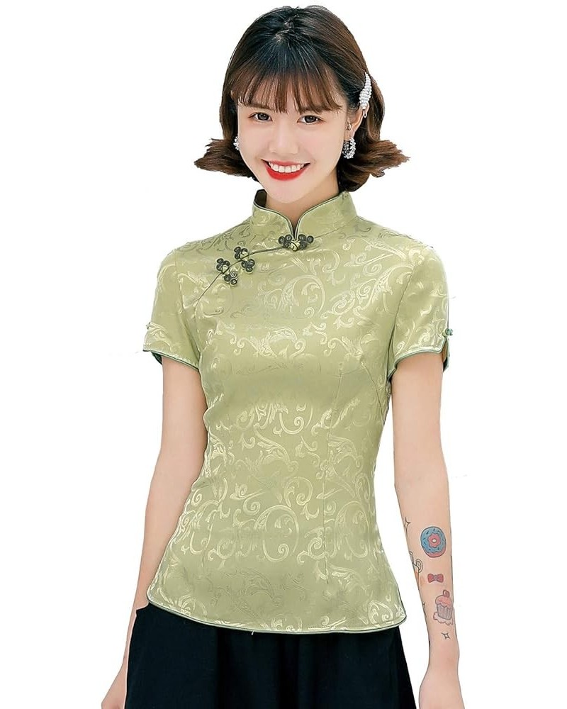 Women Chinese Cheongsam Tops Qipao Shirts Tang Suit Blouses Short Sleeve Green Color $15.04 Blouses