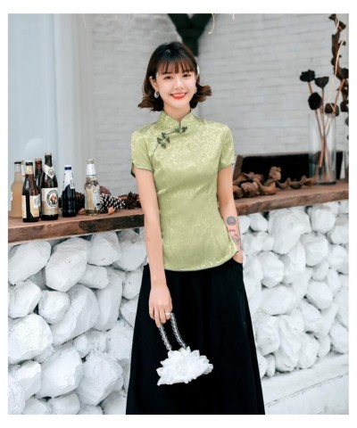 Women Chinese Cheongsam Tops Qipao Shirts Tang Suit Blouses Short Sleeve Green Color $15.04 Blouses