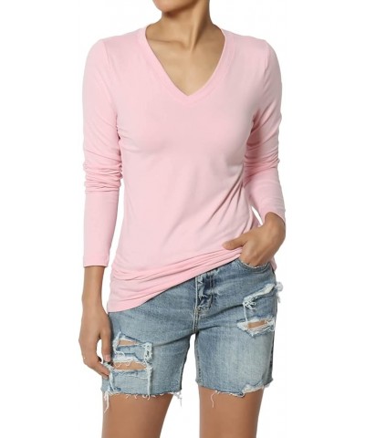 Women's Essential Soft Jersey V-Neck Long Sleeve T-Shirts Basic Stretch Slim Tee Dusty Pink $9.87 T-Shirts