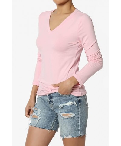 Women's Essential Soft Jersey V-Neck Long Sleeve T-Shirts Basic Stretch Slim Tee Dusty Pink $9.87 T-Shirts