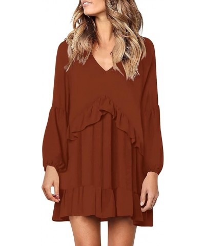 Women's Summer V Neck Ruffle Polka Dot Pocket Loose Swing Casual Short T-Shirt Dress Z: Long Sleeve Brown $16.32 Dresses