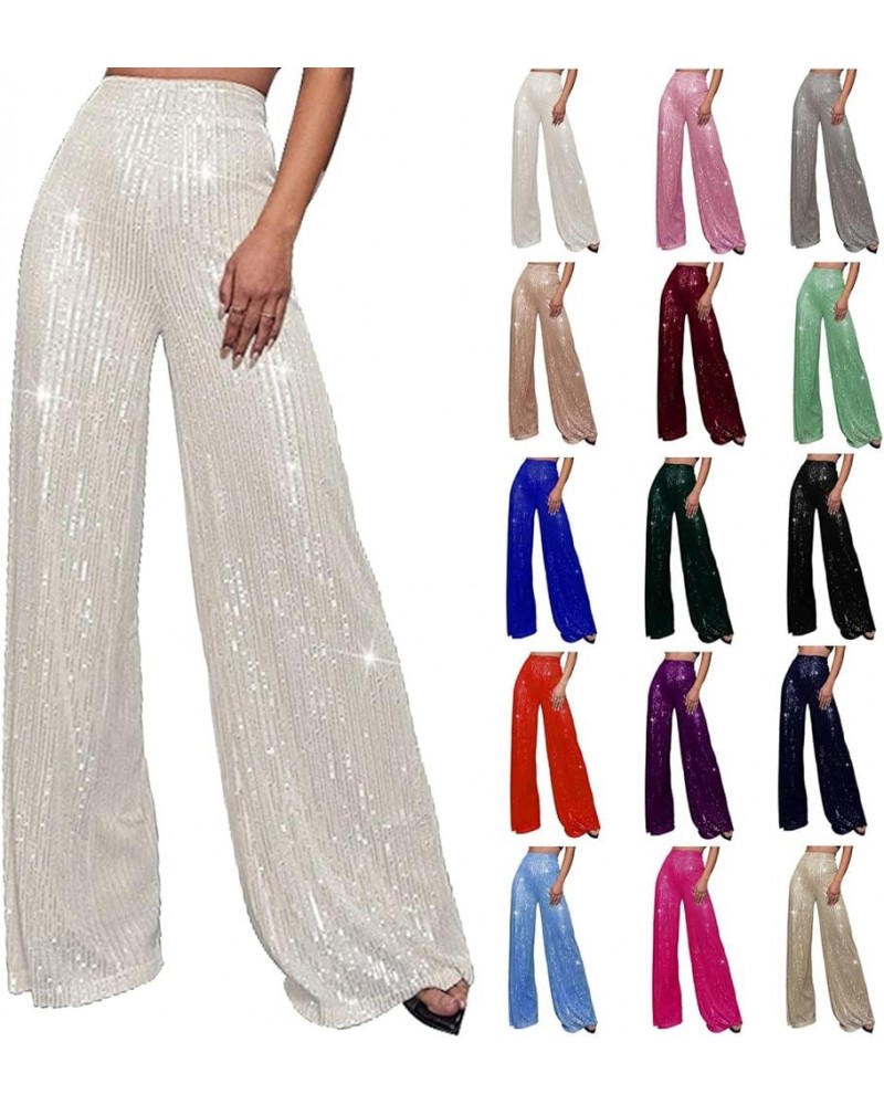 Sequin Pants for Women Wide Leg Elastic High Waist Sparkle Pants Bling Shiny Glitter Loose Bell Bottom Trousers White $11.50 ...