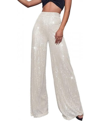 Sequin Pants for Women Wide Leg Elastic High Waist Sparkle Pants Bling Shiny Glitter Loose Bell Bottom Trousers White $11.50 ...