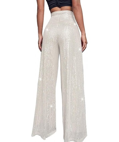 Sequin Pants for Women Wide Leg Elastic High Waist Sparkle Pants Bling Shiny Glitter Loose Bell Bottom Trousers White $11.50 ...