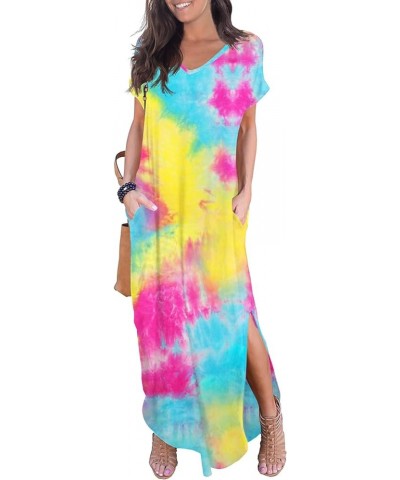 Women's Casual Loose Pocket Long Dress Short Sleeve Split Maxi Dresses 25 Fp Multicolor Yellow $13.44 Dresses