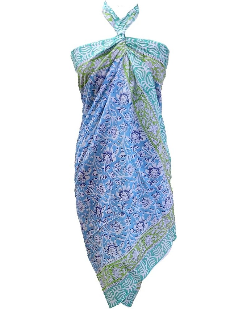 Women Cotton Sarong Beach Cover Up Indian Hand Block Floral Print Swimsuit Bikini Wrap Cover Skyblue01 $14.83 Swimsuits