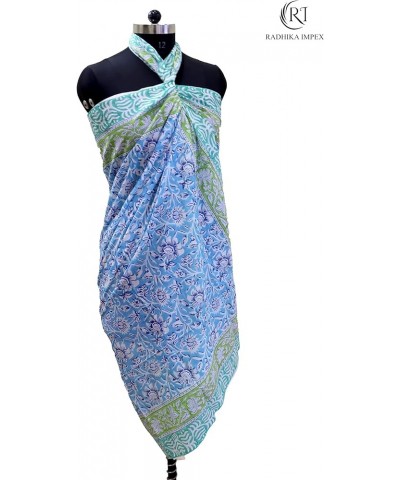 Women Cotton Sarong Beach Cover Up Indian Hand Block Floral Print Swimsuit Bikini Wrap Cover Skyblue01 $14.83 Swimsuits