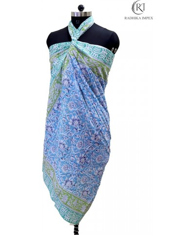 Women Cotton Sarong Beach Cover Up Indian Hand Block Floral Print Swimsuit Bikini Wrap Cover Skyblue01 $14.83 Swimsuits