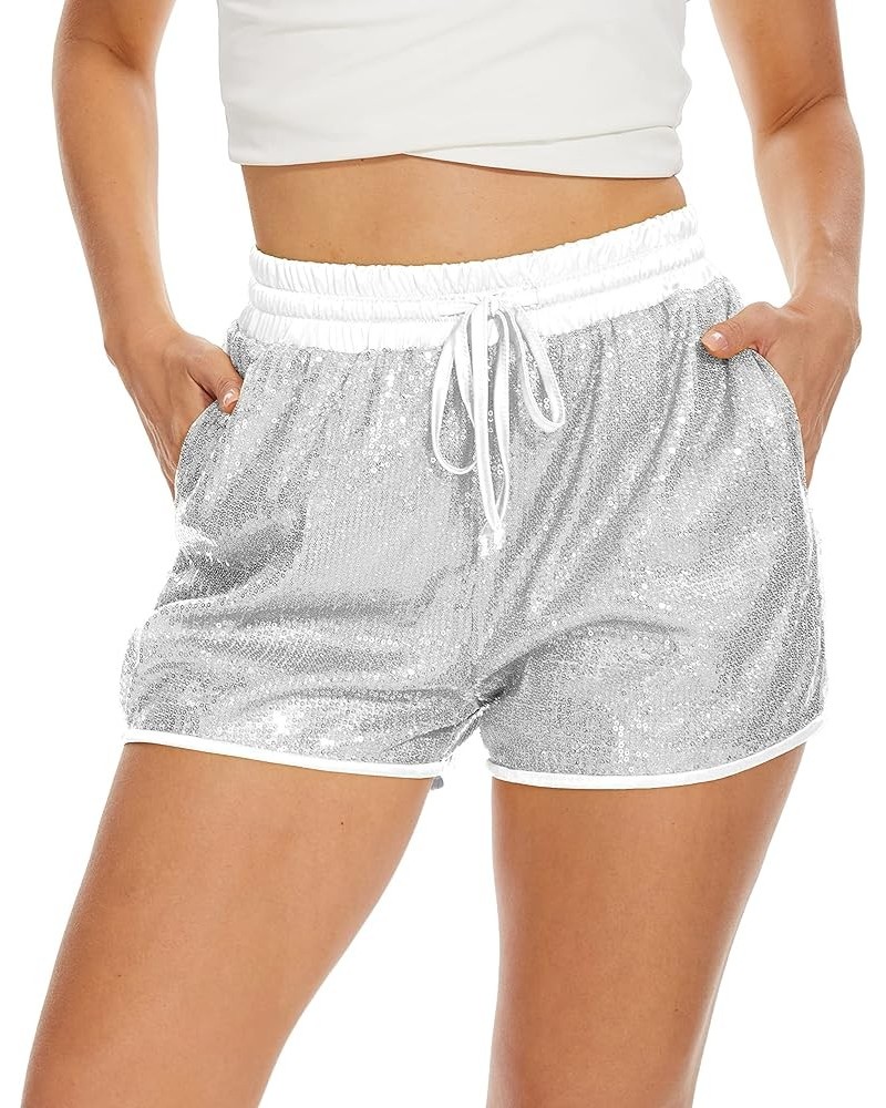 Sequins Rave Shorts for Women High Waist Casual Loose A Line Hot Pants Sparkly Clubwear Night-Out Shorts Silver $18.40 Shorts