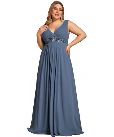 Women's Maxi V Neck Long Slit Sleeves Floral Applique Formal Evening Dress Plus Size 00461 B:dusty Navy $35.26 Dresses