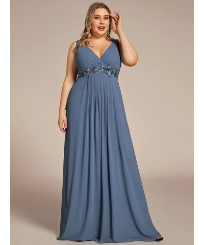 Women's Maxi V Neck Long Slit Sleeves Floral Applique Formal Evening Dress Plus Size 00461 B:dusty Navy $35.26 Dresses