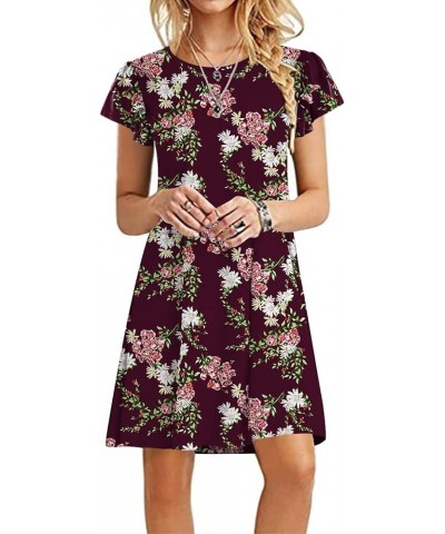 Women 2023 Mini Dresses Summer Casual Ruffle Short Sleeve Cute Crew Neck Flowy Dress with Pockets Flower Wine Red $17.25 Dresses