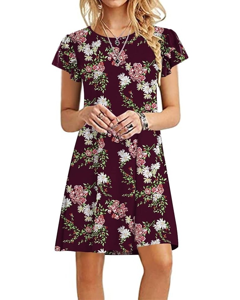 Women 2023 Mini Dresses Summer Casual Ruffle Short Sleeve Cute Crew Neck Flowy Dress with Pockets Flower Wine Red $17.25 Dresses