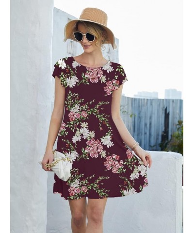 Women 2023 Mini Dresses Summer Casual Ruffle Short Sleeve Cute Crew Neck Flowy Dress with Pockets Flower Wine Red $17.25 Dresses