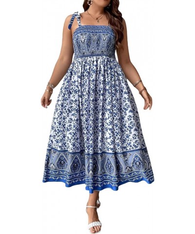 Women's Summer Boho Dress Floral Print Spaghetti Strap Square Neck Shirred Maxi Dress Beach Sun Dress Plus Multi Blue $26.87 ...