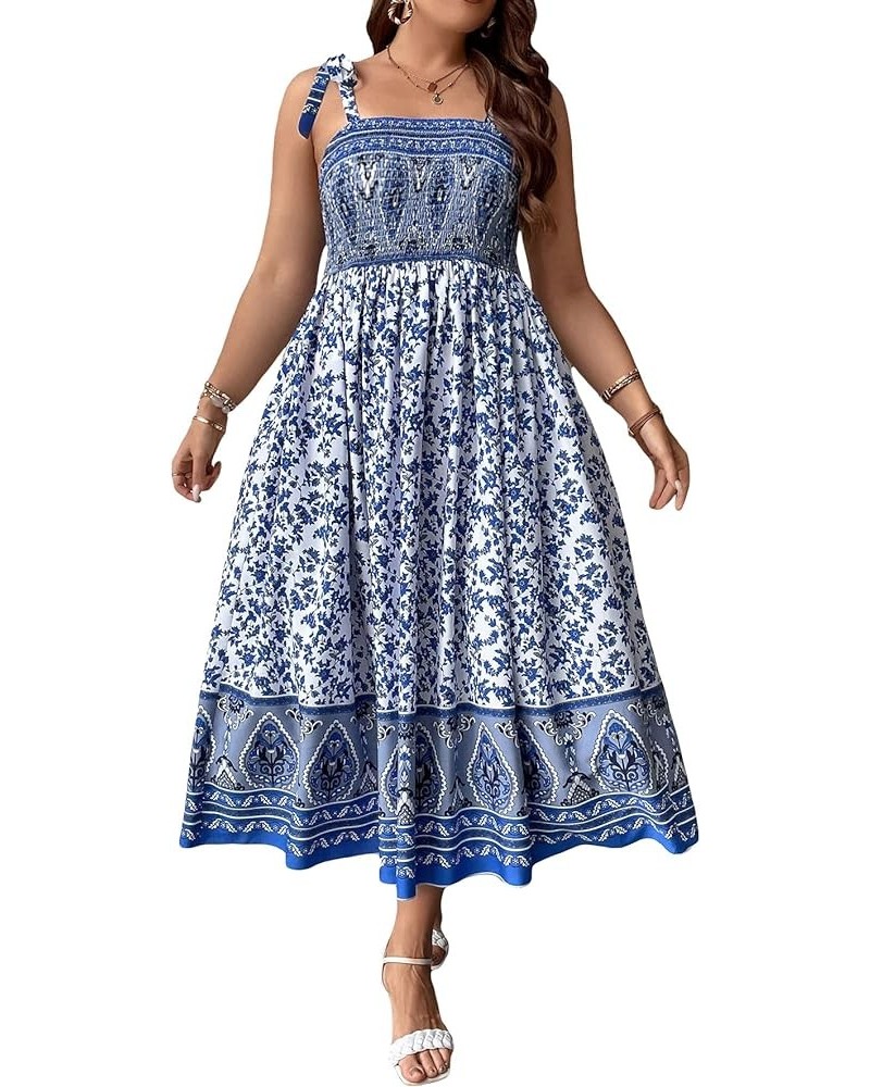 Women's Summer Boho Dress Floral Print Spaghetti Strap Square Neck Shirred Maxi Dress Beach Sun Dress Plus Multi Blue $26.87 ...