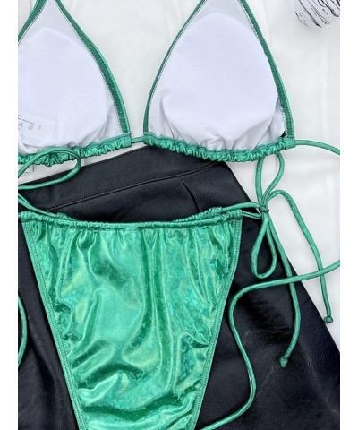 Women's Liquid Metallic Sexy Triangle Bikini Set Shiny Bathing Suit Two Pieces Swimsuit Tie Two Sides Bottom Metallic Green $...