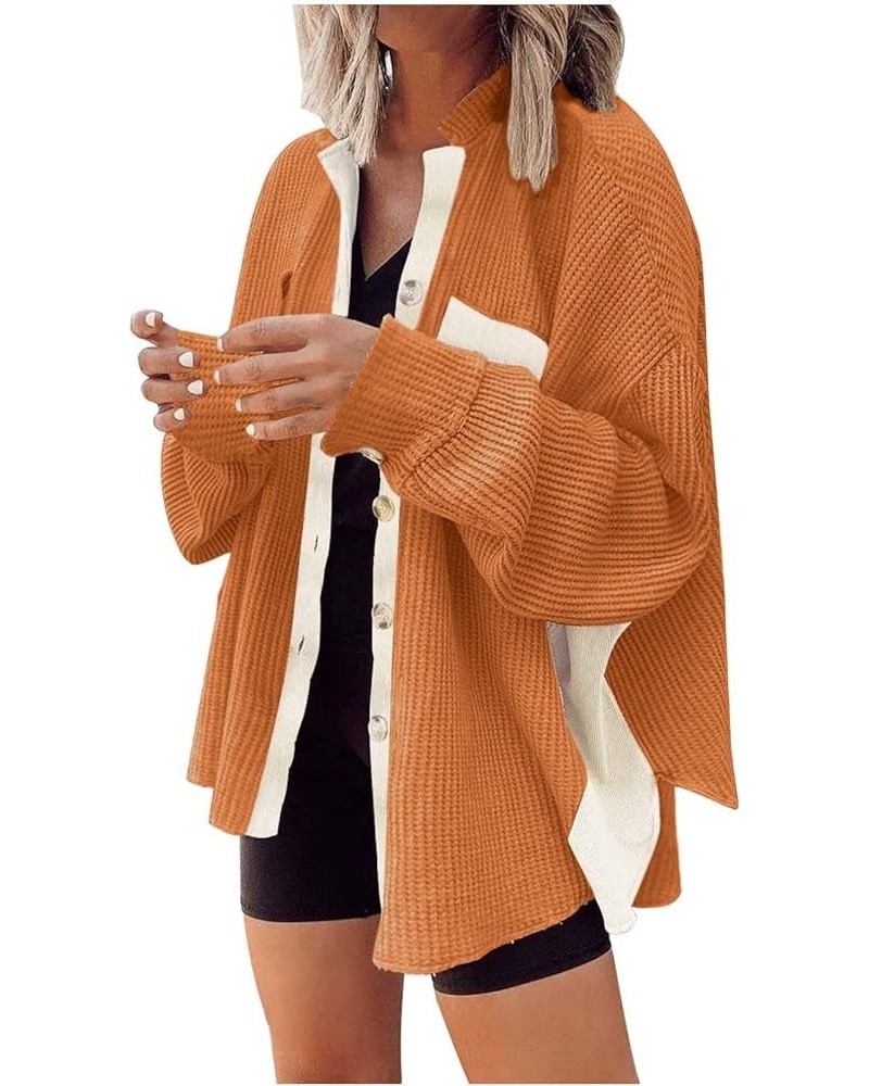 Womens Waffle Knit Button Down Shirts Casual Long Sleeve Shacket Jacket Fall Fashion 2023 Outerwear Jackets Coats 013 Orange ...